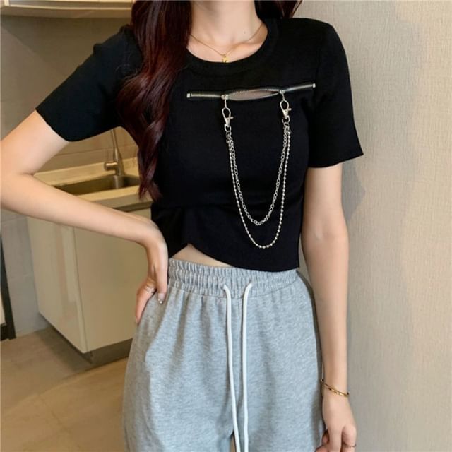 Short-Sleeve Crew Neck Plain Zip Chain T-Shirt