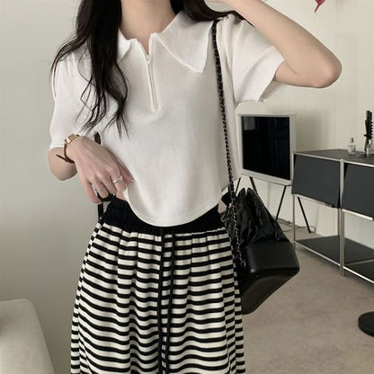 Short-Sleeve Collared Half Zip Knit Top