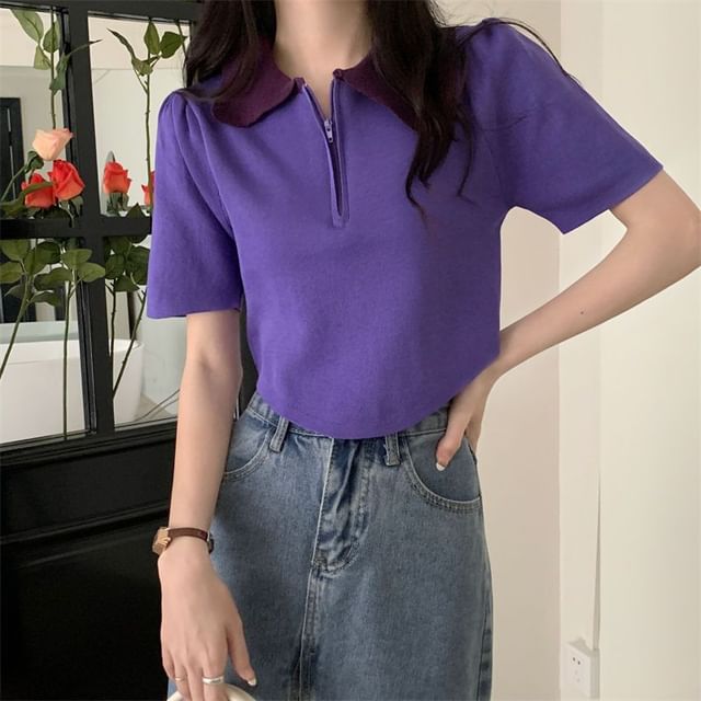 Short-Sleeve Collared Half Zip Knit Top