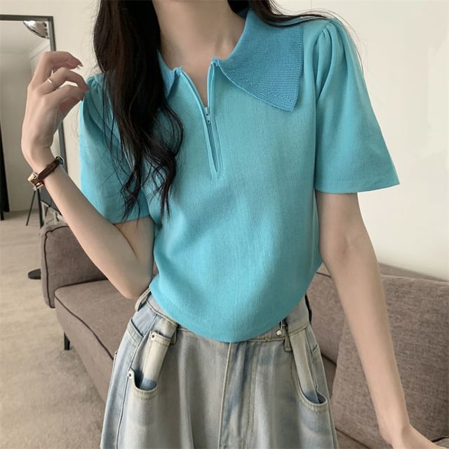 Short-Sleeve Collared Half Zip Knit Top