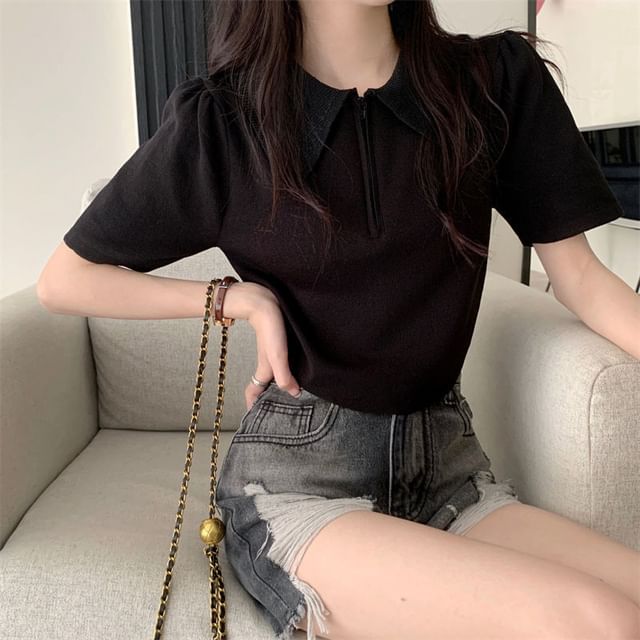 Short-Sleeve Collared Half Zip Knit Top