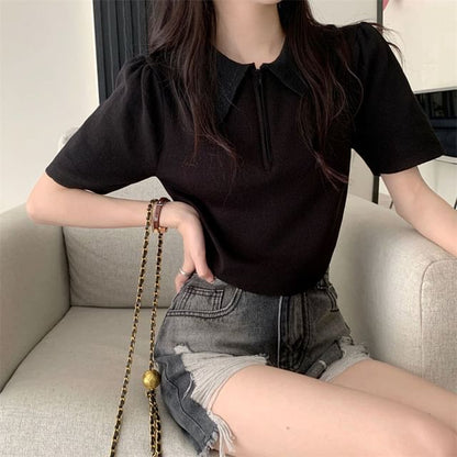 Short-Sleeve Collared Half Zip Knit Top