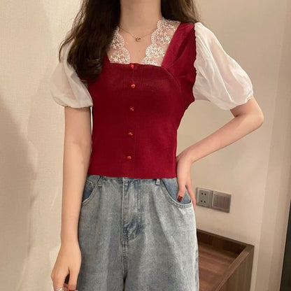 Short-Sleeve V-Neck Embroidered Button Panel Top
