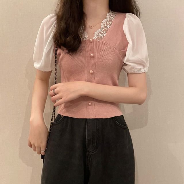 Short-Sleeve V-Neck Embroidered Button Panel Top