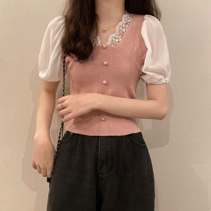 Short-Sleeve V-Neck Embroidered Button Panel Top