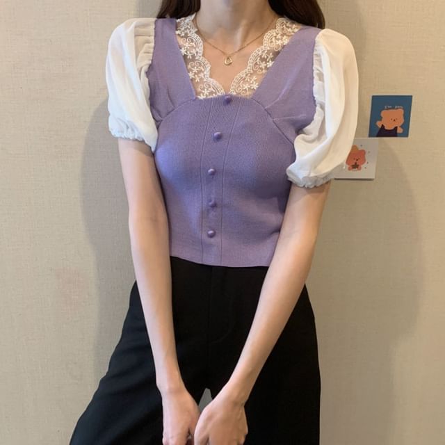 Short-Sleeve V-Neck Embroidered Button Panel Top