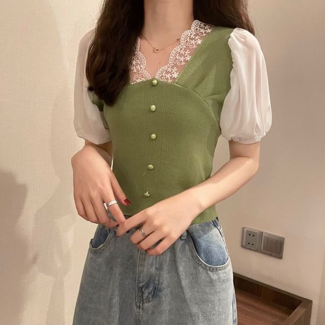 Short-Sleeve V-Neck Embroidered Button Panel Top
