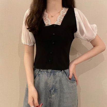 Short-Sleeve V-Neck Embroidered Button Panel Top