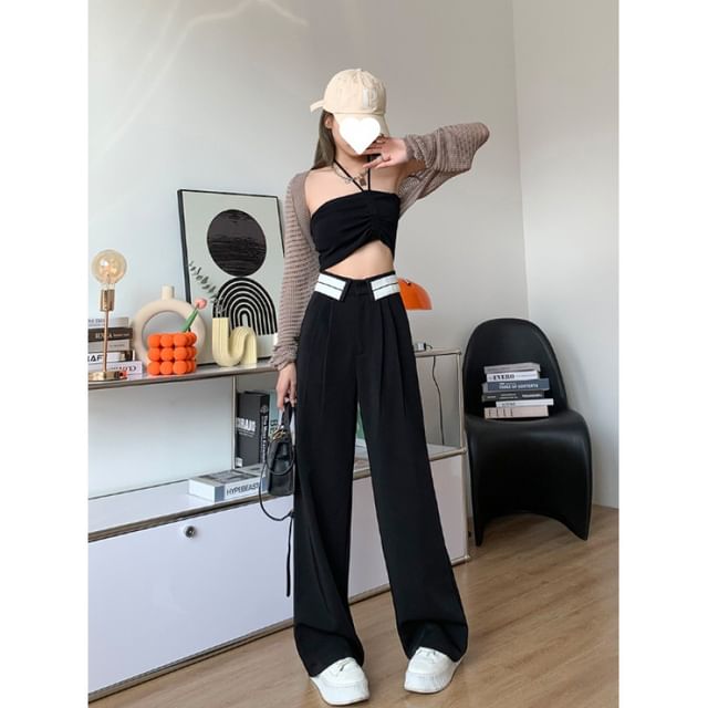 High Waist Striped Pleated Wide Leg Suit Pants