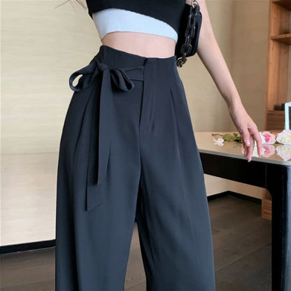 High Waist Plain Tie-Up Wide Leg Dress Pants