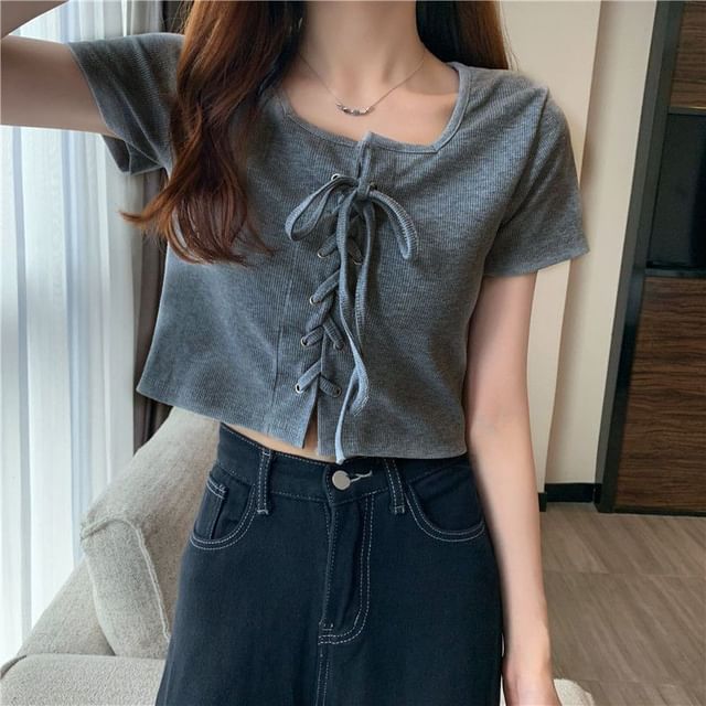 Short-Sleeve Square Neck Plain Lace Up Top