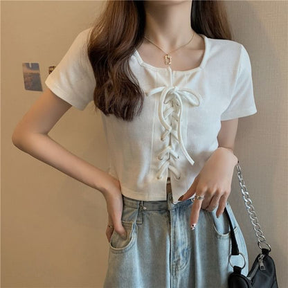 Short-Sleeve Square Neck Plain Lace Up Top