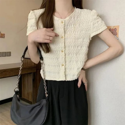 Short-Sleeve Round Neck Plain Frill Button Top