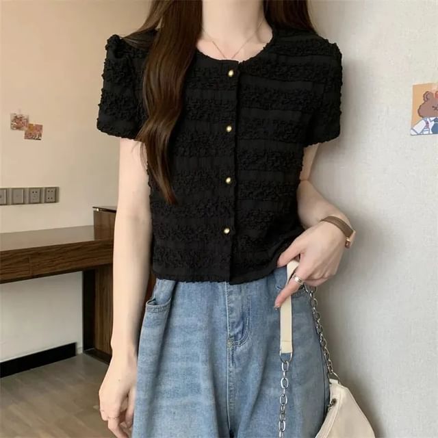 Short-Sleeve Round Neck Plain Frill Button Top