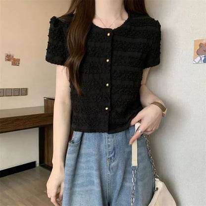 Short-Sleeve Round Neck Plain Frill Button Top