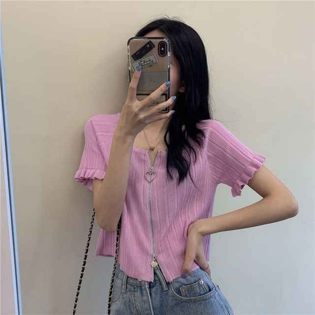 Short-Sleeve Round Neck Plain Ribbed Zip Cardigan