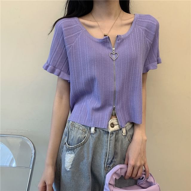 Short-Sleeve Round Neck Plain Ribbed Zip Cardigan