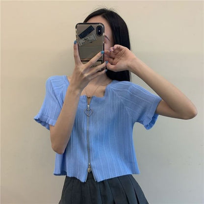 Short-Sleeve Round Neck Plain Ribbed Zip Cardigan