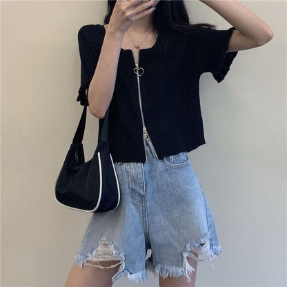 Short-Sleeve Round Neck Plain Ribbed Zip Cardigan