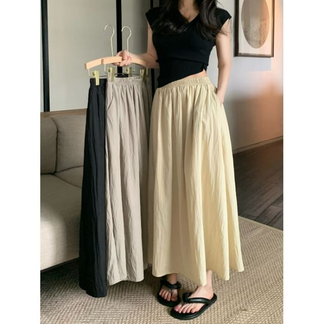 Elastic Waist Plain Maxi A-Line Skirt