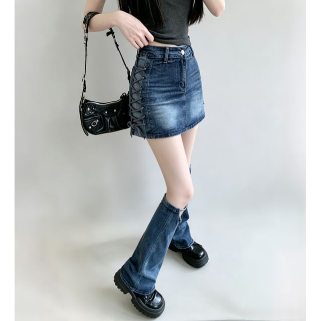 High-Waist Denim Mini Pencil Skirt with Leg Warmers