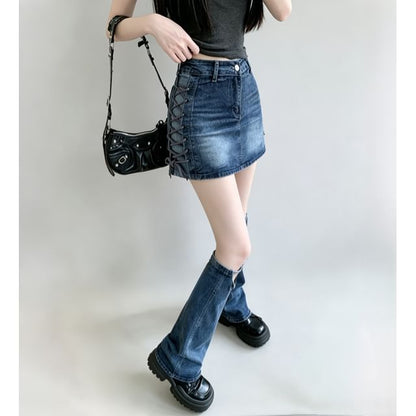 High-Waist Denim Mini Pencil Skirt with Leg Warmers