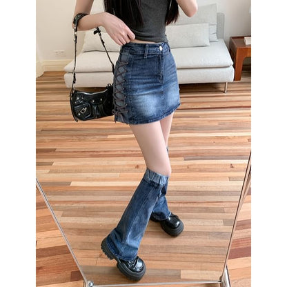 High-Waist Denim Mini Pencil Skirt with Leg Warmers