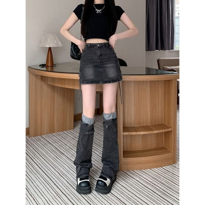 High-Waist Denim Mini Pencil Skirt with Leg Warmers