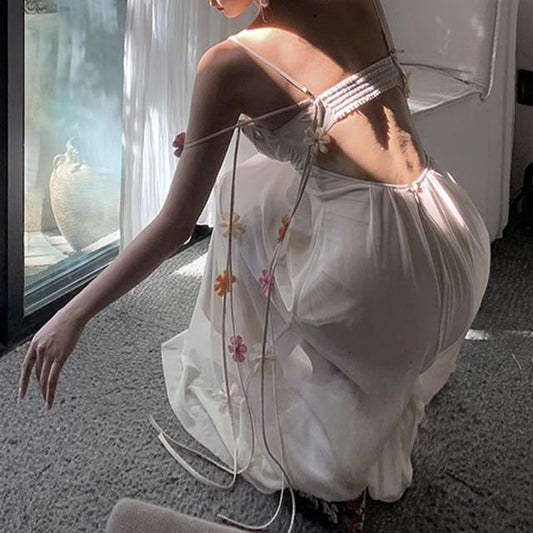 Strap Maxi V-Neck Back Dress Open Accent Floral A-Line Ruched Spaghetti