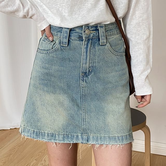 Washed Frayed Denim Mini A-Line Skirt