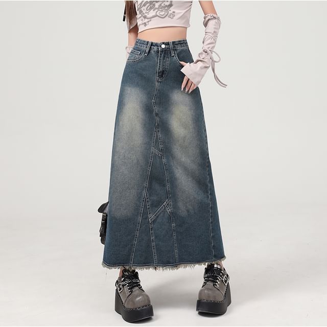 Washed Frayed Slit Maxi Denim A-Line Skirt