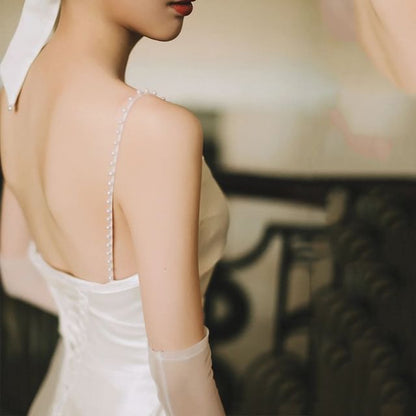 Faux Pearl Strap Cowl Neck Plain Trained Open Back Satin A-Line Wedding Gown