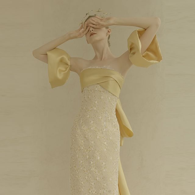 Evening Sheath Sleeves Bow Strapless Trained Arm Back Lace + Gown Set: