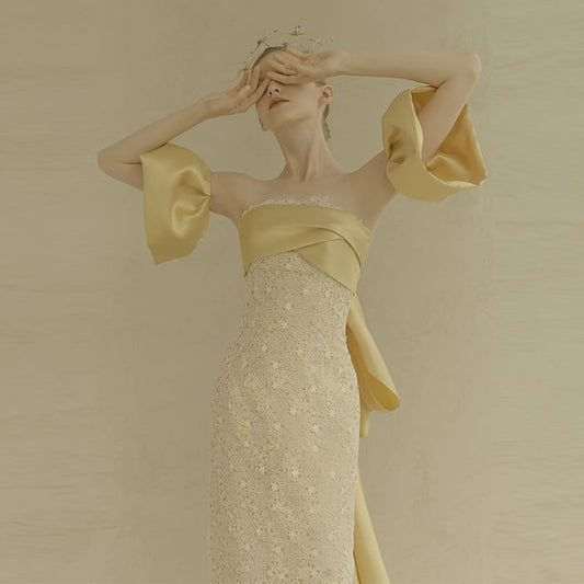 Evening Sheath Sleeves Bow Strapless Trained Arm Back Lace + Gown Set: