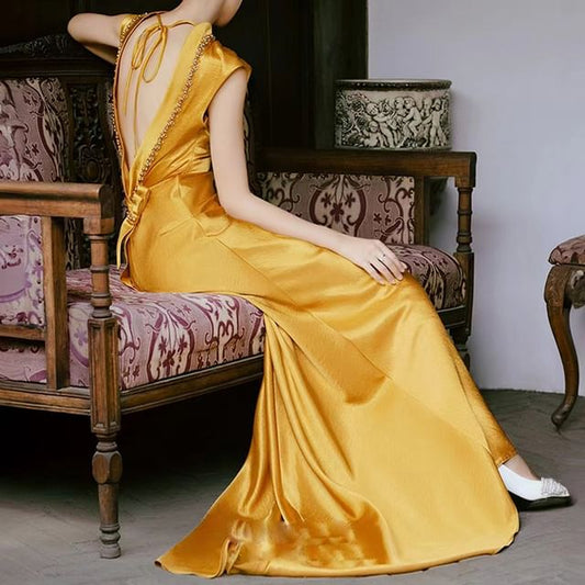 Back Gown Embellished Evening Mermaid Cap-Sleeve Mock Neck Open Plain