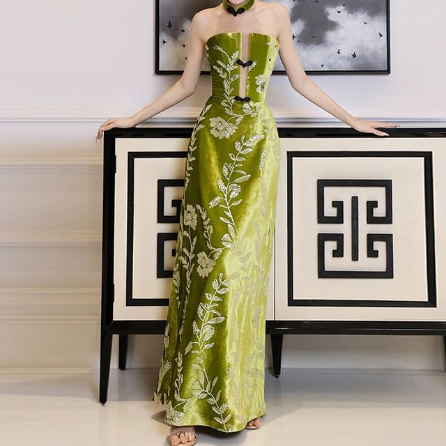 Floral Strapless Embroidered A-Line Gown Evening