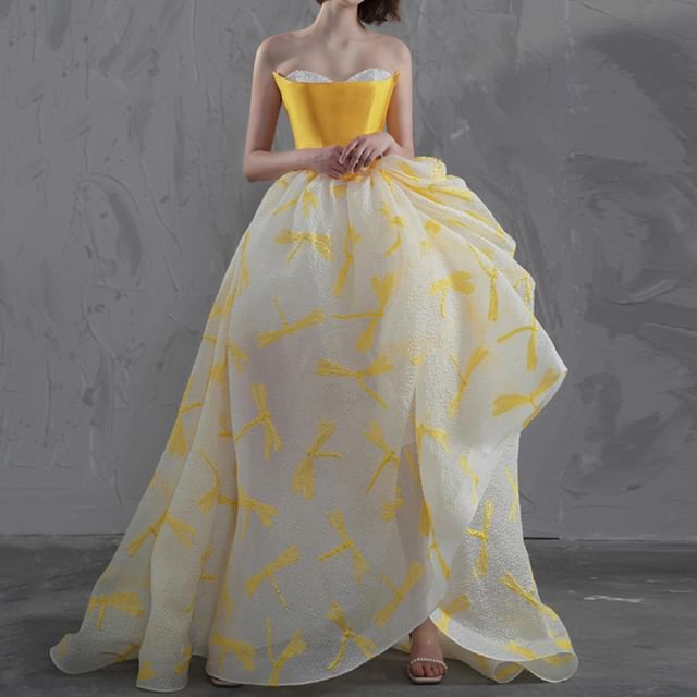 Evening A-Line Gown Print Strapless Floral