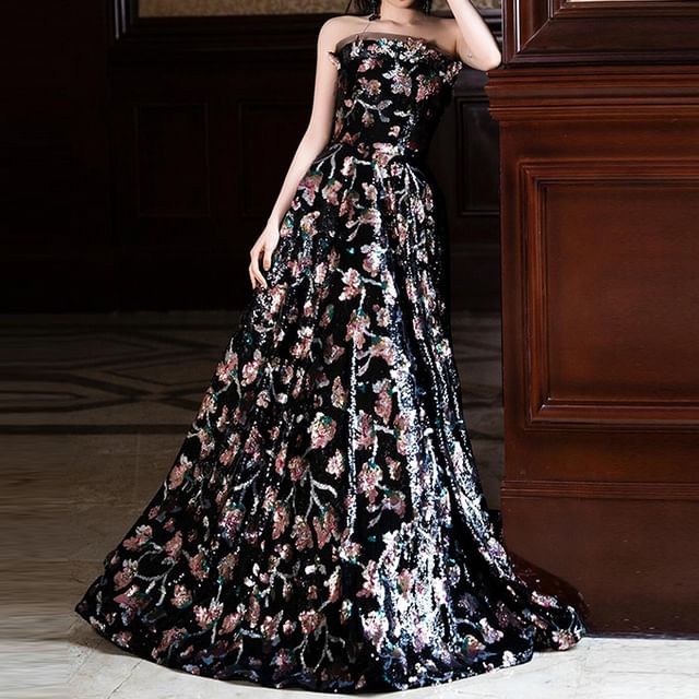 Evening A-Line Strapless Gown Floral