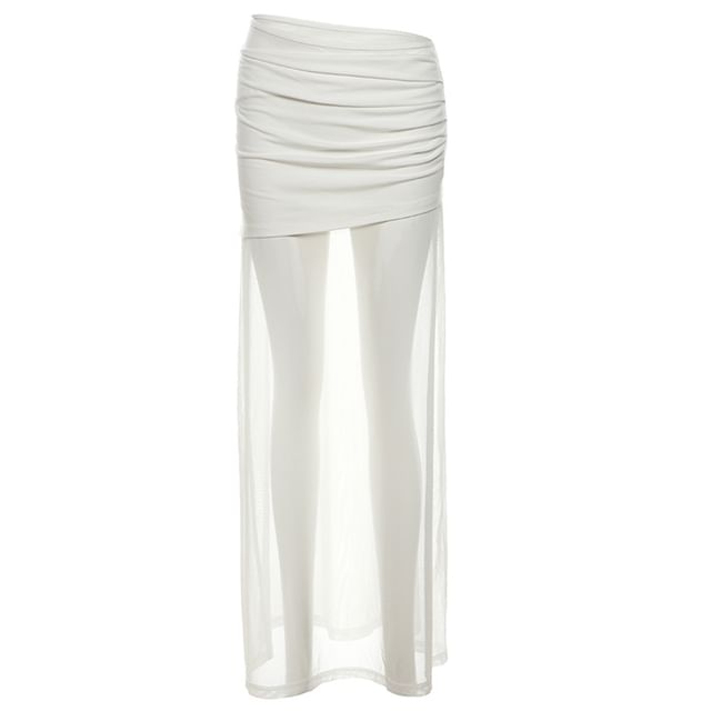 High-Waist Mesh Plain Maxi Skirt