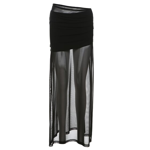 High-Waist Mesh Plain Maxi Skirt
