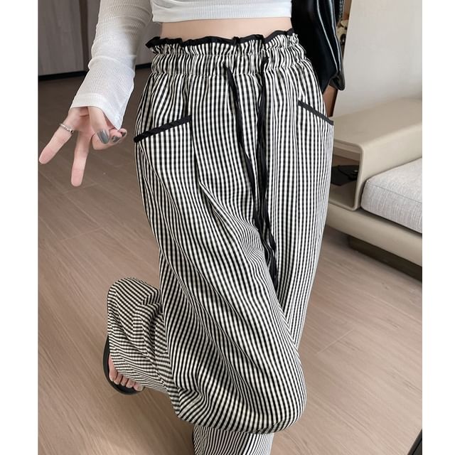 Contrast Panel Pocket Drawstring High Waist Wide Leg Pants