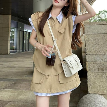 Striped Panel Short-Sleeve Shirt with High-Rise Mini A-Line Skirt