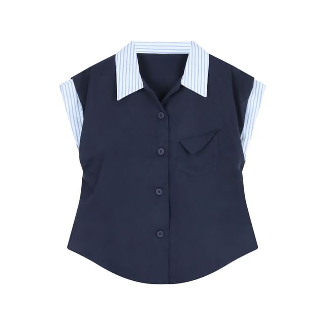 Striped Panel Short-Sleeve Shirt with High-Rise Mini A-Line Skirt