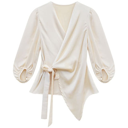 V-Neck Wrap Satin Blouse with High-Waist Mermaid Maxi Skirt