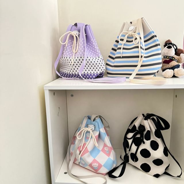 Patterned Drawstring Knit Bucket Bag