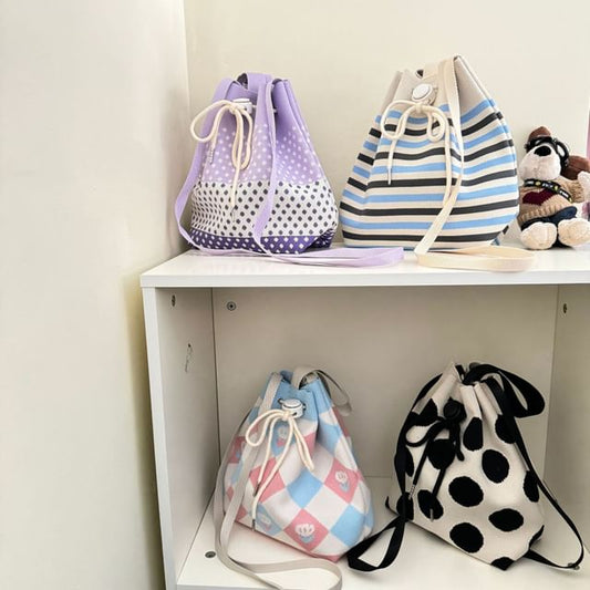 Patterned Drawstring Knit Bucket Bag