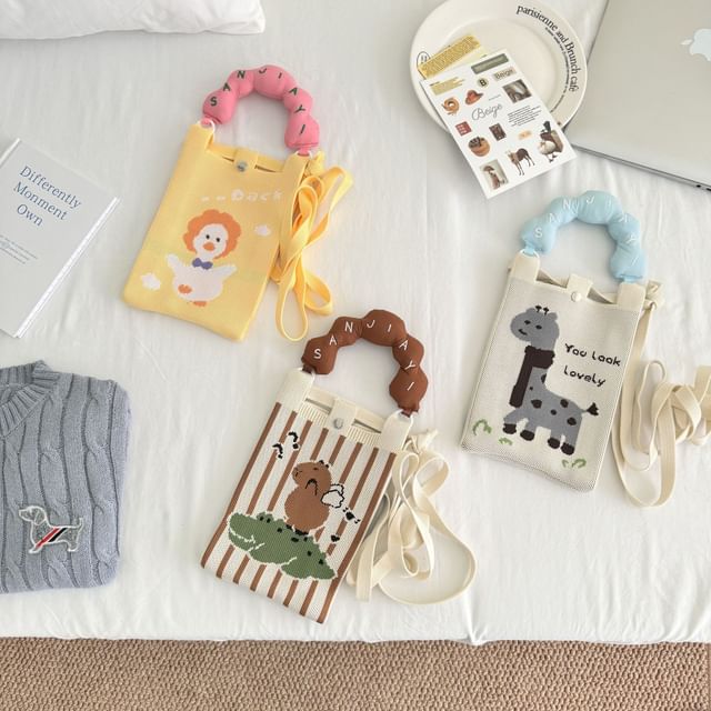 Top Donut Handle Cartoon Print Knit Crossbody Bag