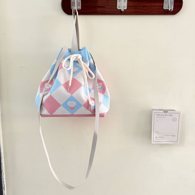 Patterned Drawstring Knit Bucket Bag
