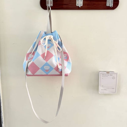 Patterned Drawstring Knit Bucket Bag