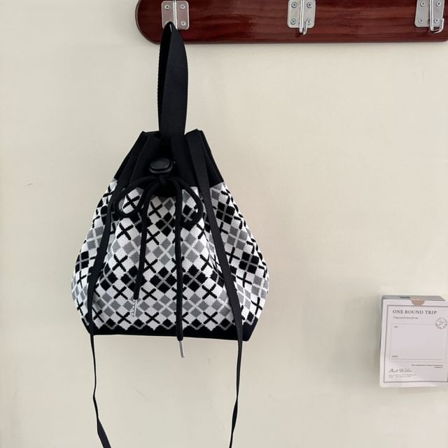 Patterned Drawstring Knit Bucket Bag